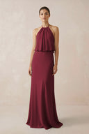 Berry Halter Sheath Ruffled Chiffon Bridesmaid Dress | KISSBRIDAL