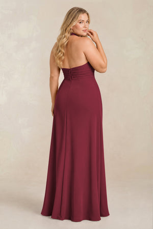 Berry High Neck Chiffon Sheath Ruched Bridesmaid Dress (2) [sizeplus] | KISSBRIDAL