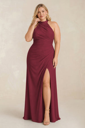 Berry High Neck Chiffon Sheath Ruched Bridesmaid Dress [sizeplus] | KISSBRIDAL