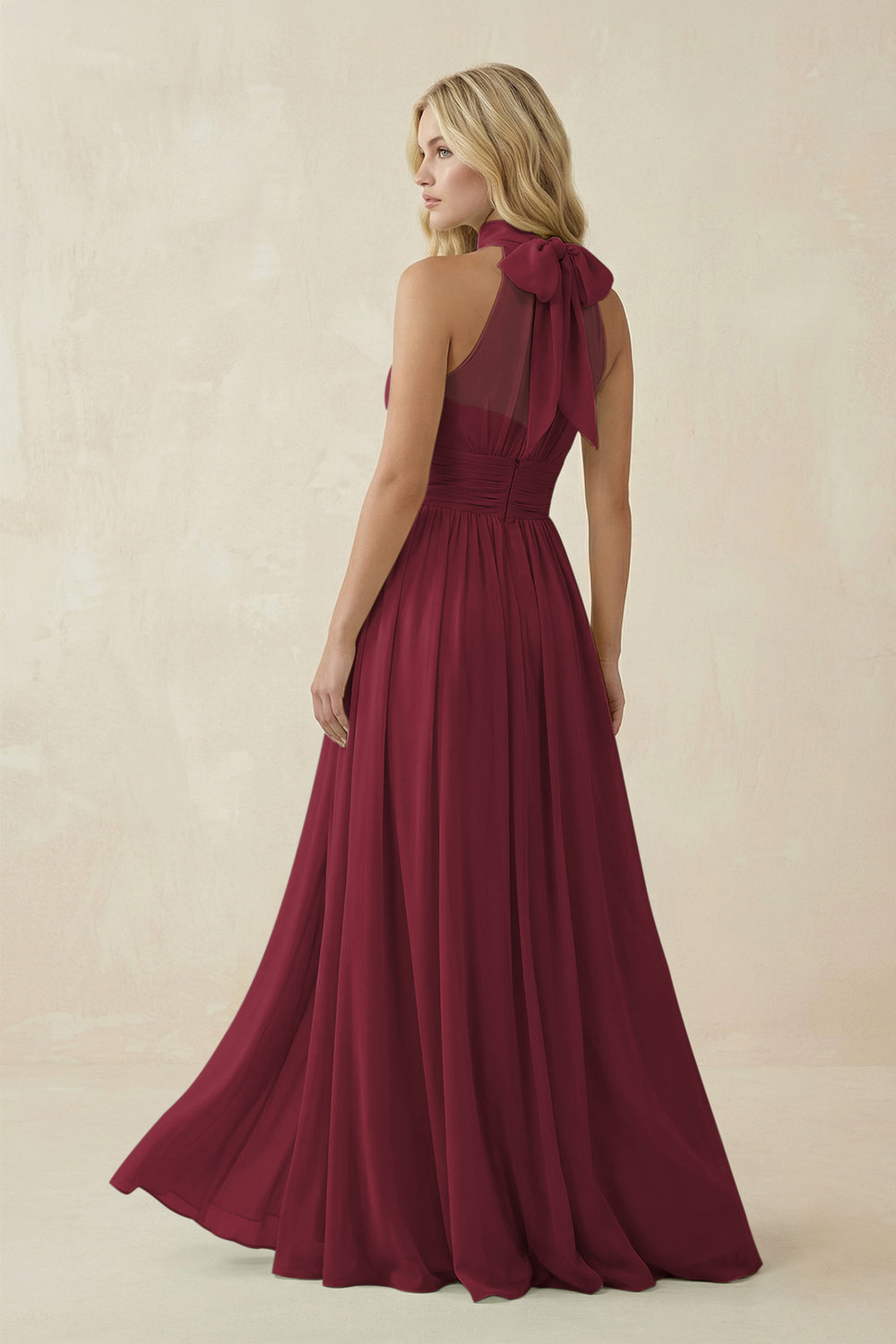 Illusion Halter A-Line Chiffon Bridesmaid Gown in Berry