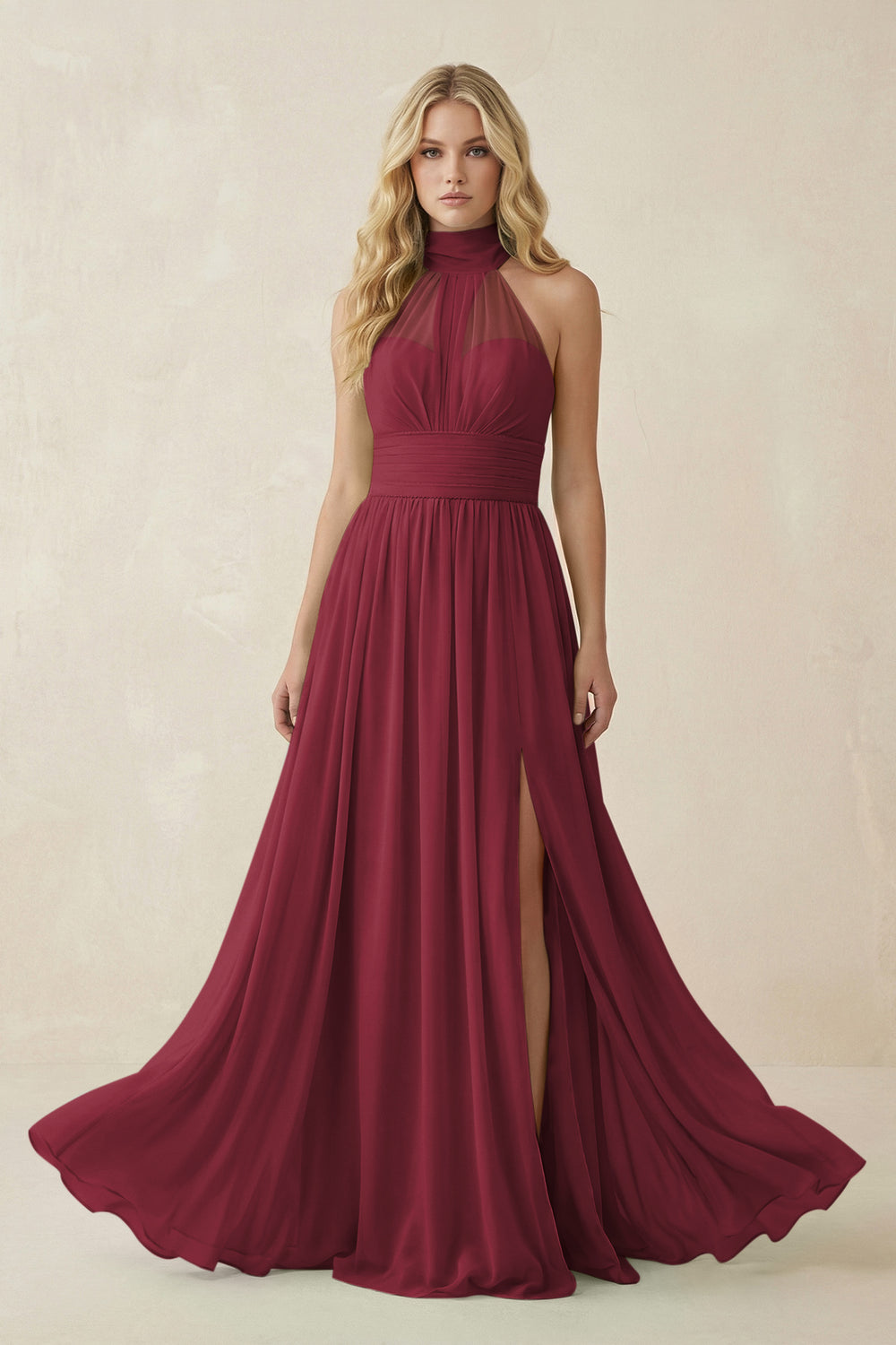 Illusion Halter A-Line Chiffon Bridesmaid Gown in Berry