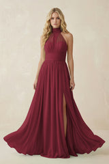 Berry Illusion Halter A-Line Chiffon Bridesmaid Gown | KISSBRIDAL