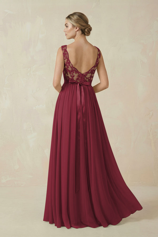 Berry Lace A-Line Bateau Neck Chiffon Long Bridesmaid Dress (2) | KISSBRIDAL