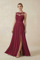 Berry Lace A-Line Bateau Neck Chiffon Long Bridesmaid Dress | KISSBRIDAL