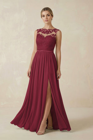 Berry Lace A-Line Bateau Neck Chiffon Long Bridesmaid Dress | KISSBRIDAL