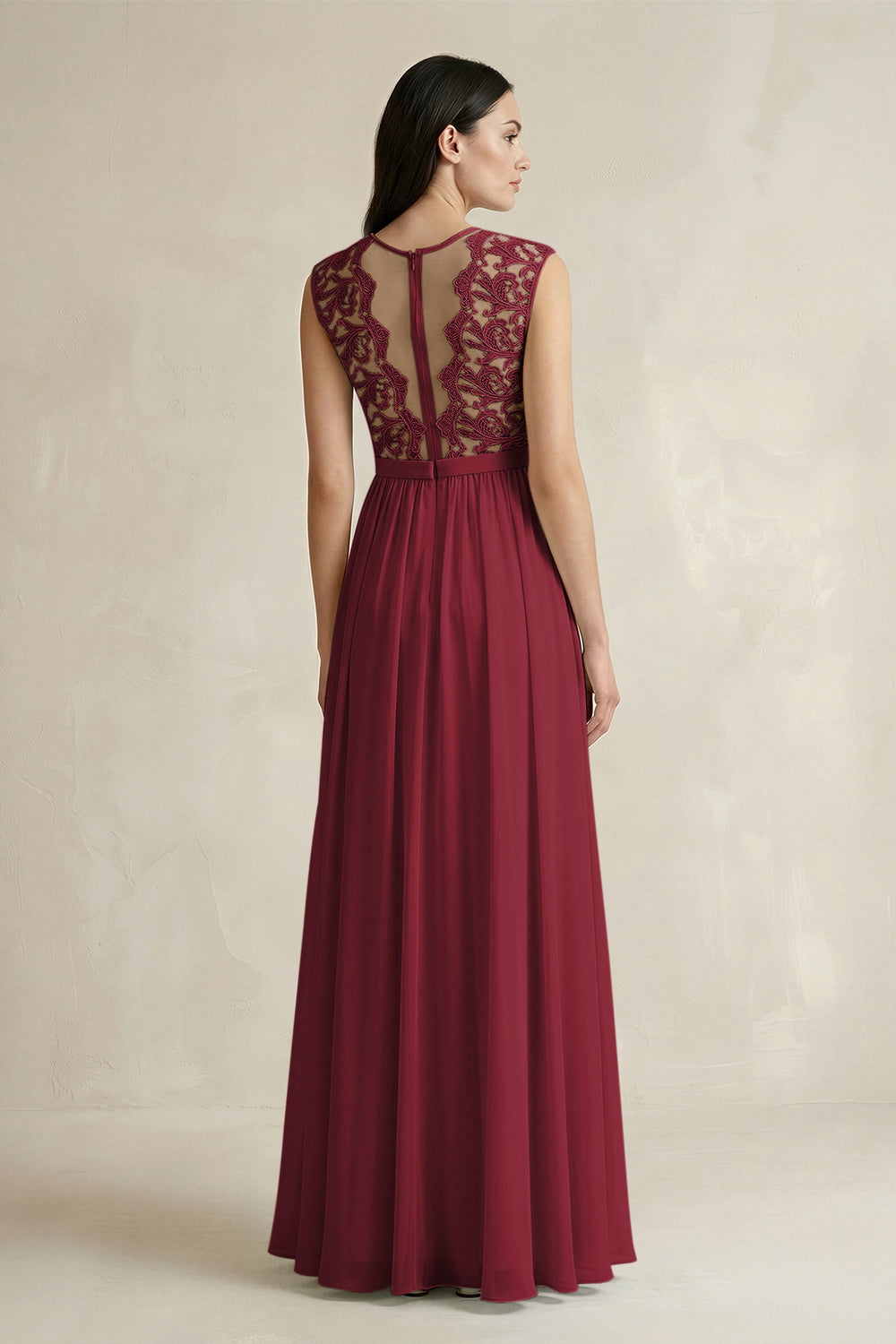 Lace Chiffon A-Line Round Neck Bridesmaid Dress in Berry