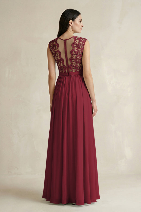 Berry Lace Chiffon A-Line Round Neck Bridesmaid Dress (2) | KISSBRIDAL