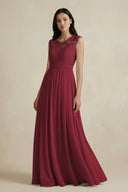 Berry Lace Chiffon A-Line Round Neck Bridesmaid Dress | KISSBRIDAL