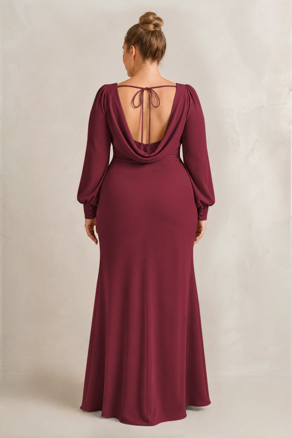 Berry Long Sleeve V-Neck Sheath Chiffon Bridesmaid Dress (2) [sizeplus] | KISSBRIDAL