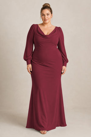 Berry Long Sleeve V-Neck Sheath Chiffon Bridesmaid Dress [sizeplus] | KISSBRIDAL
