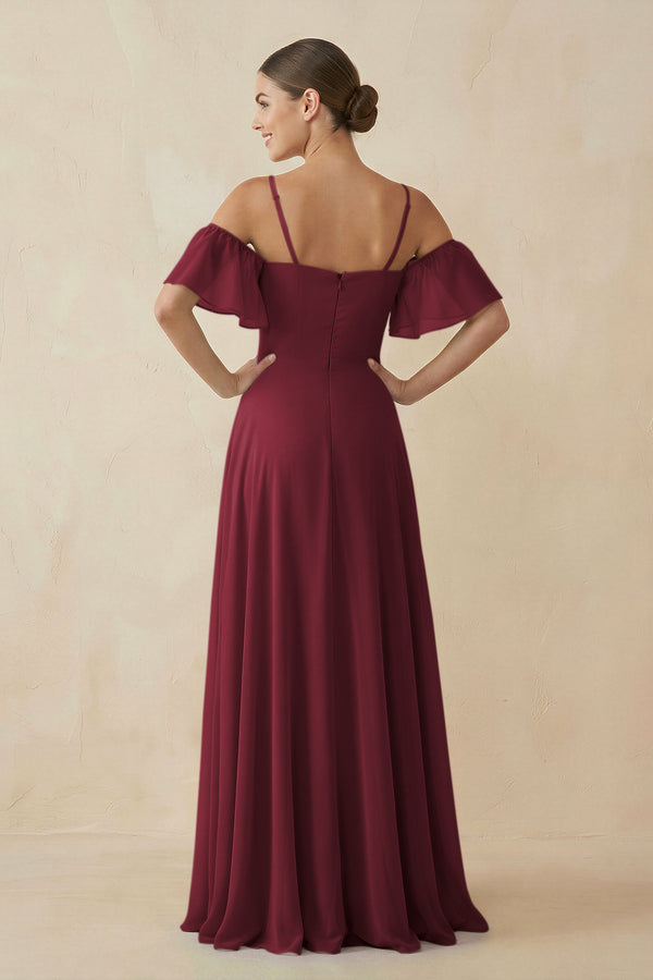 Berry Off-the-Shoulder A-Line Chiffon Bridesmaid Dress (2) | KISSBRIDAL