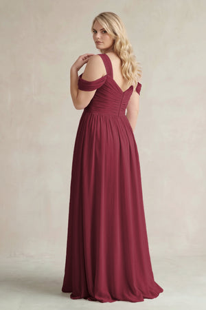 Berry Off-the-Shoulder A-Line Chiffon Bridesmaid Dress With Slit (2) | KISSBRIDAL