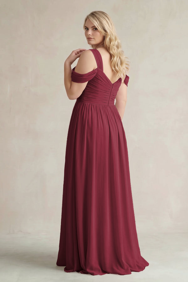Berry Off-the-Shoulder A-Line Chiffon Bridesmaid Dress With Slit (2) | KISSBRIDAL