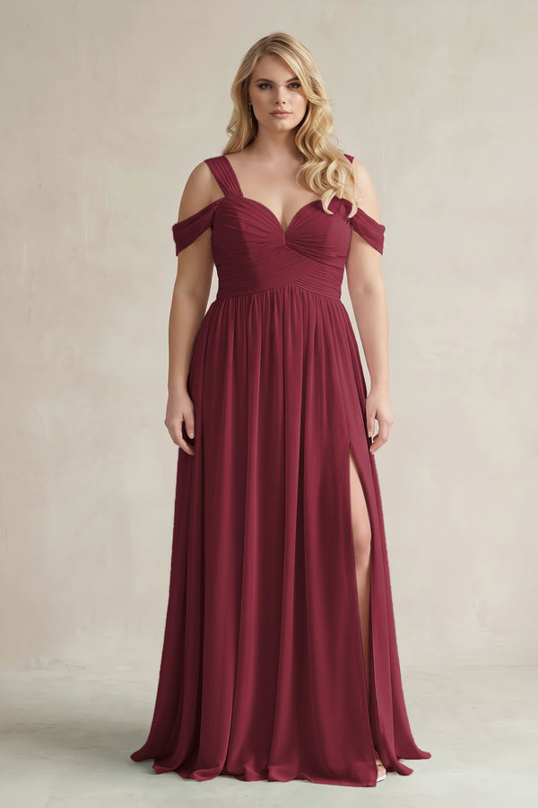 Berry Off-the-Shoulder A-Line Chiffon Bridesmaid Dress With Slit | KISSBRIDAL