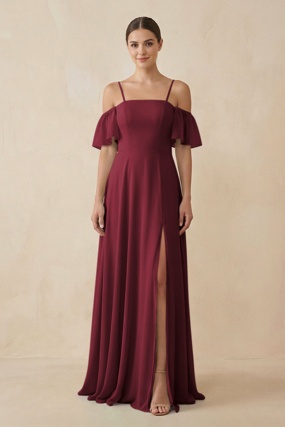 Off-the-Shoulder A-Line Chiffon Bridesmaid Dress in Berry