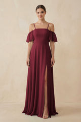 Berry Off-the-Shoulder A-Line Chiffon Bridesmaid Dress | KISSBRIDAL