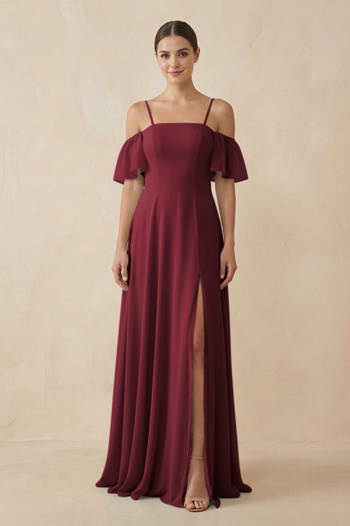 Berry Off-the-Shoulder A-Line Chiffon Bridesmaid Dress | KISSBRIDAL