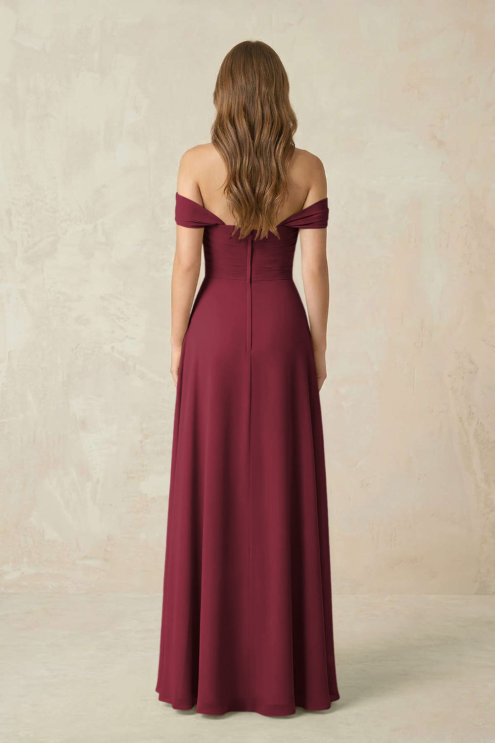 Off-the-Shoulder A-Line Chiffon Pleated Bridesmaid Dress in Berry