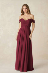Berry Off-the-Shoulder A-Line Chiffon Pleated Bridesmaid Dress | KISSBRIDAL