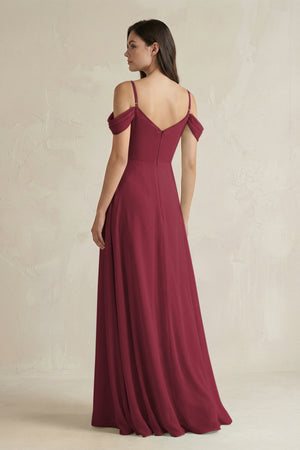Berry Off-the-Shoulder Chiffon A-Line Bridesmaid Dress (2) | KISSBRIDAL