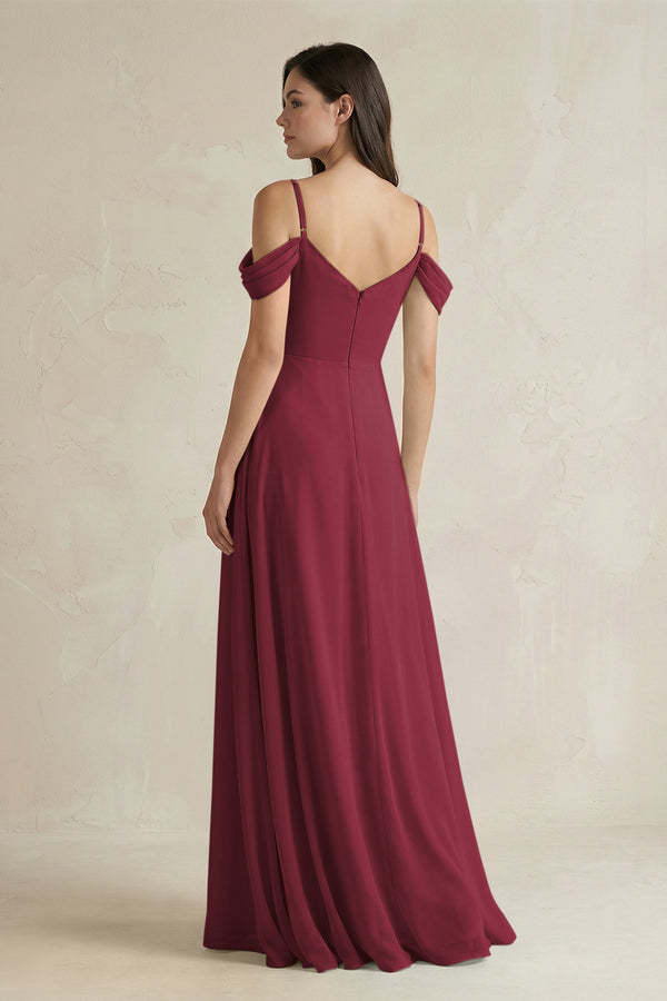 Berry Off-the-Shoulder Chiffon A-Line Bridesmaid Dress (2) | KISSBRIDAL