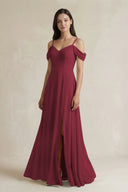 Berry Off-the-Shoulder Chiffon A-Line Bridesmaid Dress | KISSBRIDAL