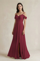 Berry Off-the-Shoulder Chiffon A-Line Bridesmaid Dress | KISSBRIDAL