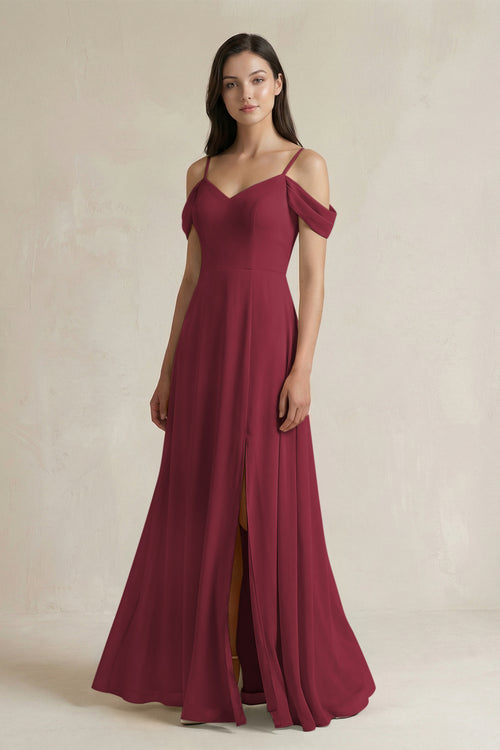 Berry Off-the-Shoulder Chiffon A-Line Bridesmaid Dress | KISSBRIDAL