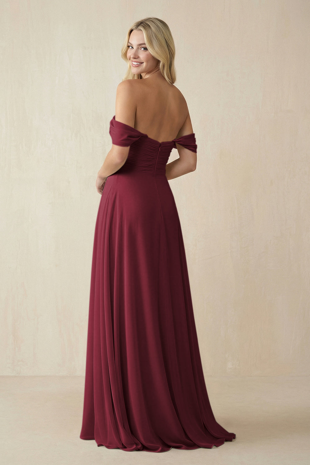 Off-the-Shoulder Chiffon A-Line Long Bridesmaid Dress in Berry