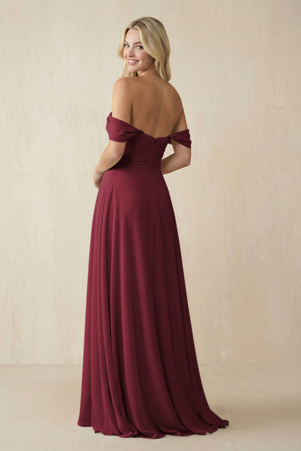 Berry Off-the-Shoulder Chiffon A-Line Long Bridesmaid Dress (2) | KISSBRIDAL