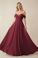 Berry Off-the-Shoulder Chiffon A-Line Long Bridesmaid Dress | KISSBRIDAL