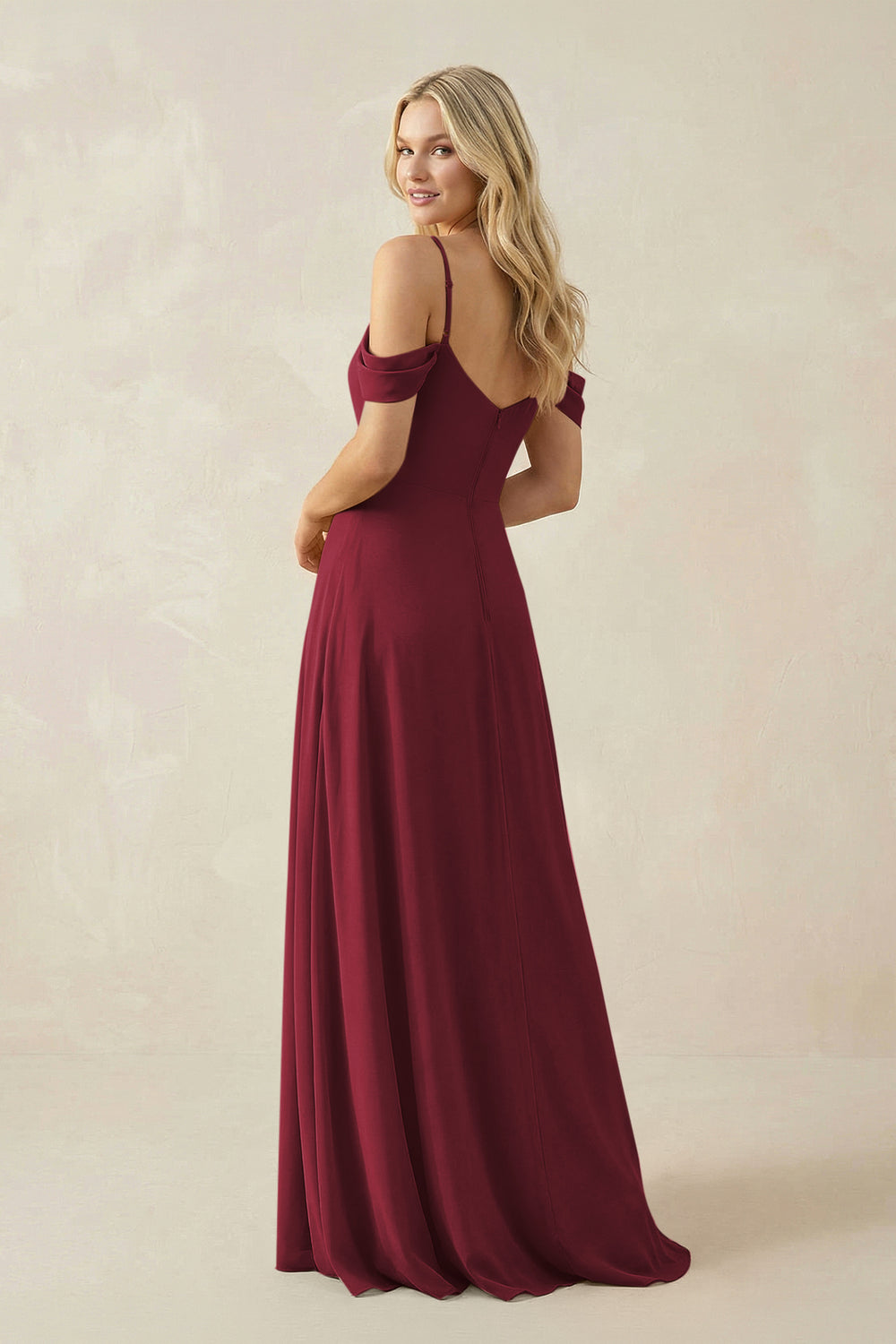Off-the-Shoulder Chiffon A-Line Maxi Bridesmaid Dress in Berry