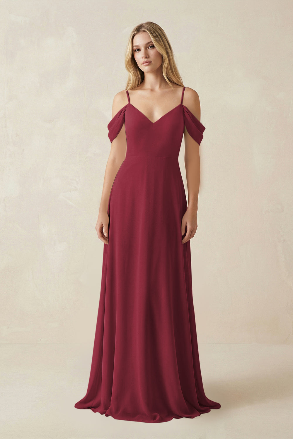 Off-the-Shoulder Chiffon A-Line Maxi Bridesmaid Dress in Berry