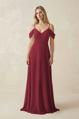 Berry Off-the-Shoulder Chiffon A-Line Maxi Bridesmaid Dress | KISSBRIDAL