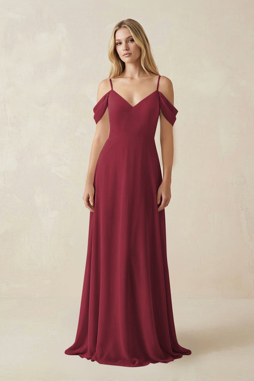 Berry Off-the-Shoulder Chiffon A-Line Maxi Bridesmaid Dress | KISSBRIDAL