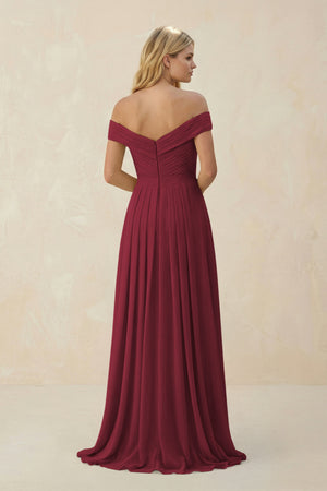 Berry Off-the-Shoulder Pleated A-Line Chiffon Bridesmaid Dress (2) | KISSBRIDAL