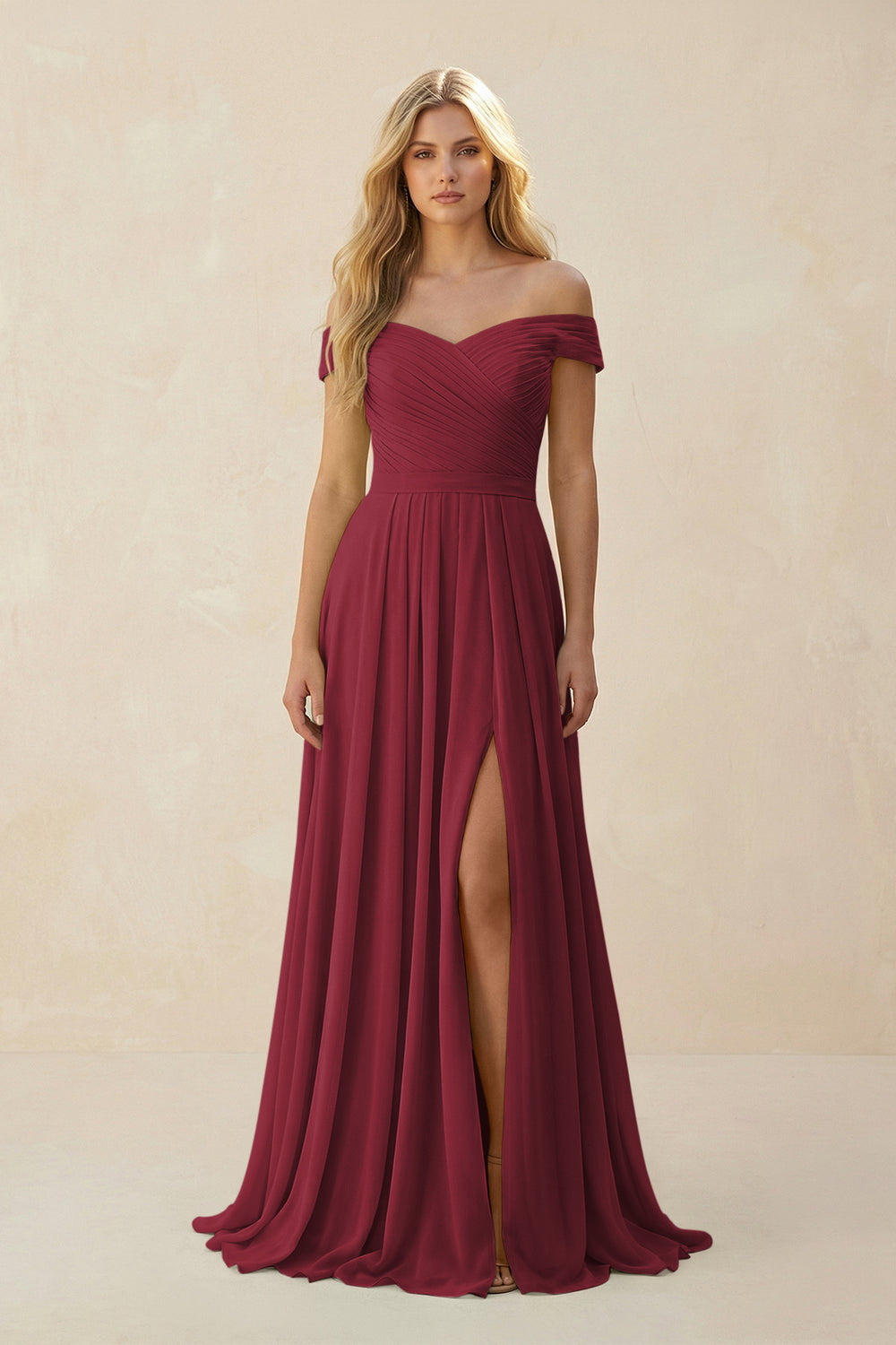 Off-the-Shoulder Pleated A-Line Chiffon Bridesmaid Dress in Berry