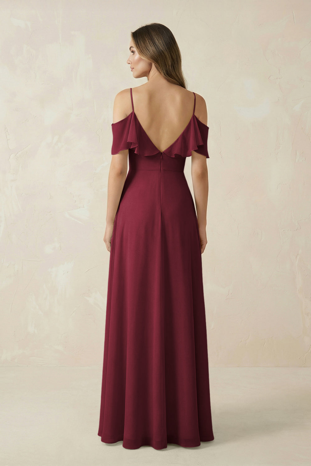 Off-the-Shoulder Ruffled A-Line Chiffon Bridesmaid Dress in Berry