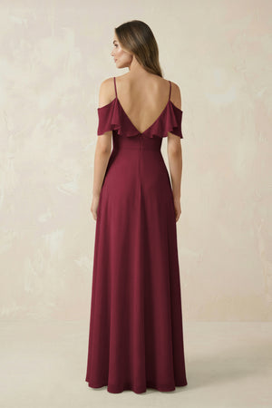 Berry Off-the-Shoulder Ruffled A-Line Chiffon Bridesmaid Dress (2) | KISSBRIDAL