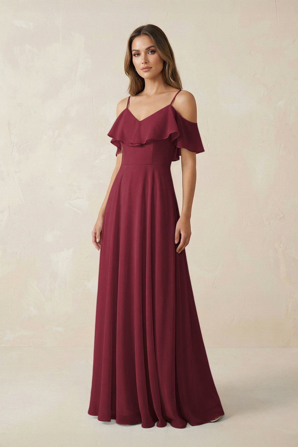 Off-the-Shoulder Ruffled A-Line Chiffon Bridesmaid Dress in Berry
