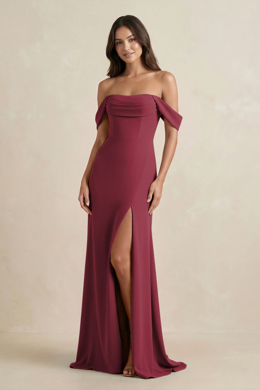 Off-the-Shoulder Sheath Bridesmaid Dress with Slit in Berry