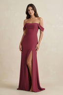 Berry Off-the-Shoulder Sheath Bridesmaid Dress with Slit | KISSBRIDAL