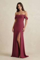 Berry Off-the-Shoulder Sheath Bridesmaid Dress with Slit | KISSBRIDAL