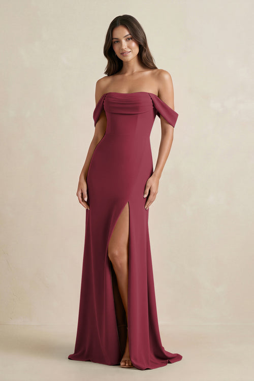 Berry Off-the-Shoulder Sheath Bridesmaid Dress with Slit | KISSBRIDAL