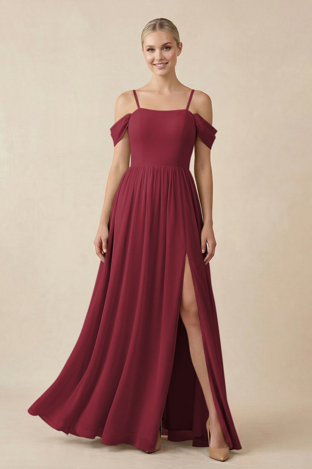 Off-the-Shoulder Sweetheart A-Line Chiffon Bridesmaid Dress in Berry