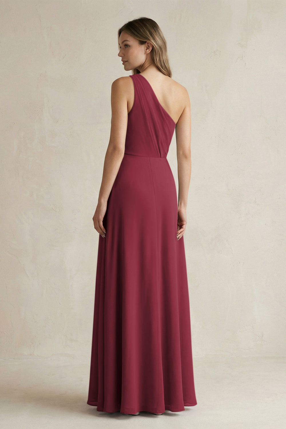 One-Shoulder Chiffon A-Line Bridesmaid Dress With Slit in Berry