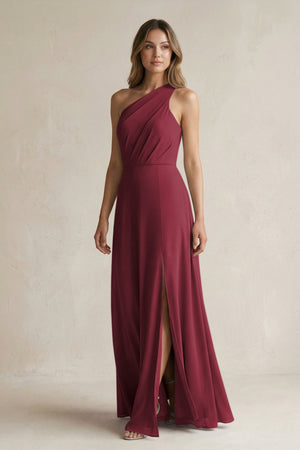 Berry One-Shoulder Chiffon A-Line Bridesmaid Dress With Slit | KISSBRIDAL