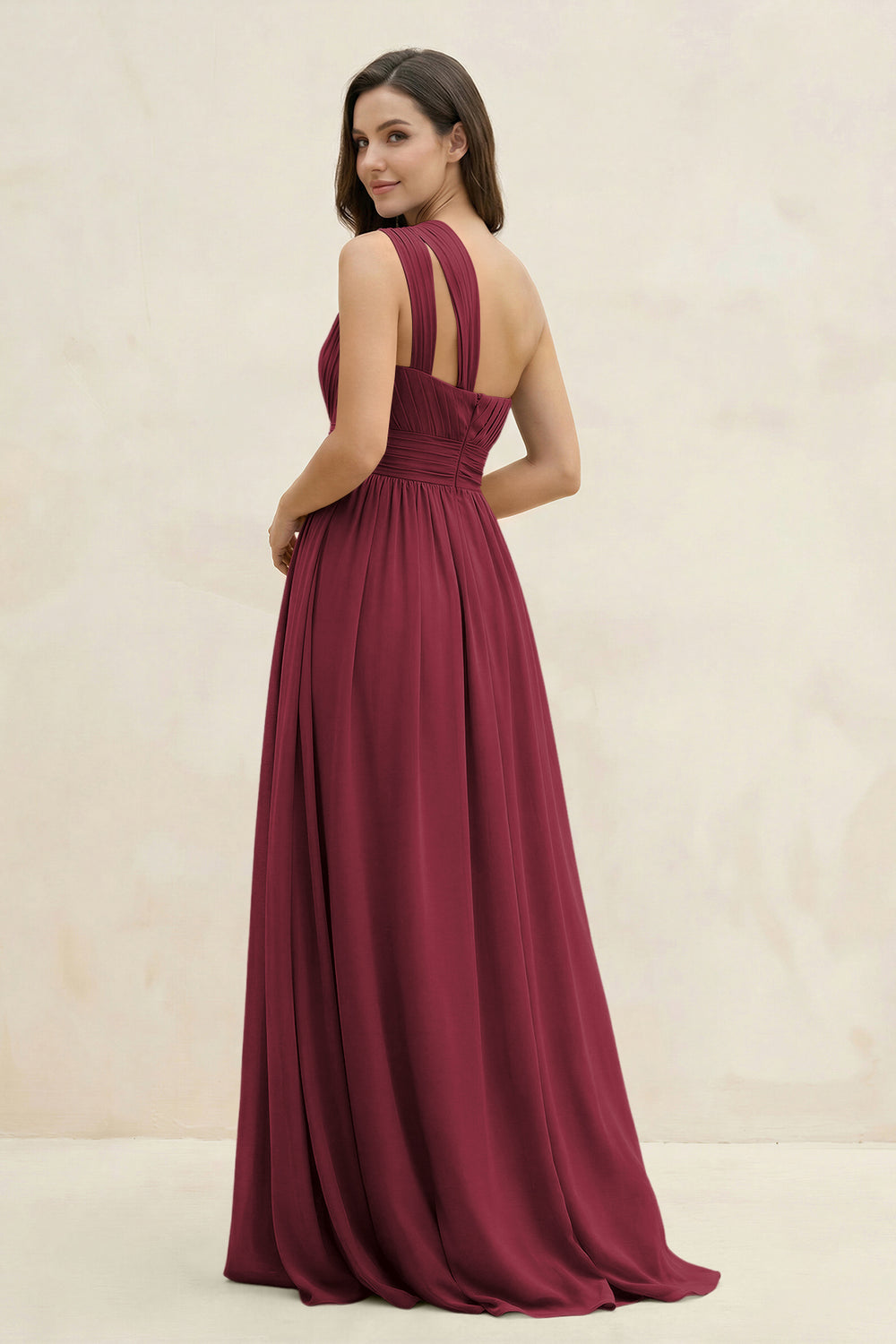 One-Shoulder Pleated A-Line Chiffon Bridesmaid Dress in Berry