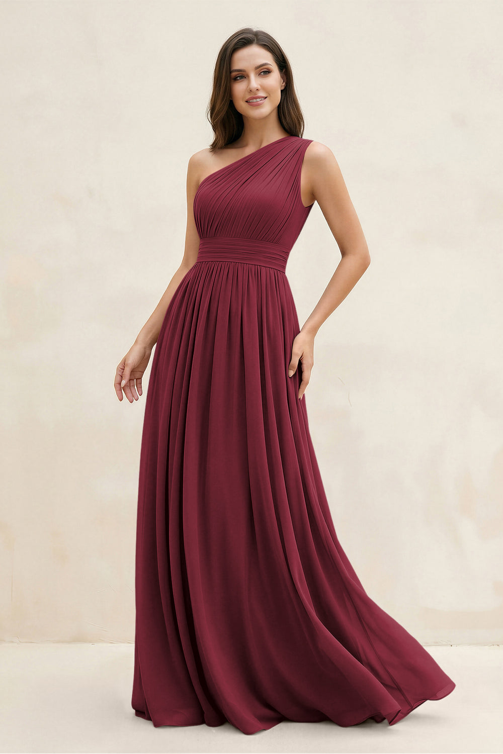 One-Shoulder Pleated A-Line Chiffon Bridesmaid Dress in Berry