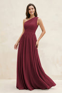 Berry One-Shoulder Pleated A-Line Chiffon Bridesmaid Dress | KISSBRIDAL